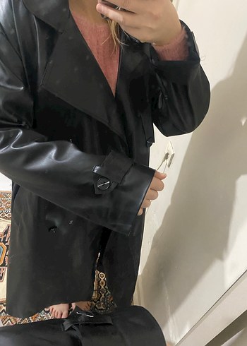 Kadın Siyah Deri Uzun Trençkot - Görsel 2