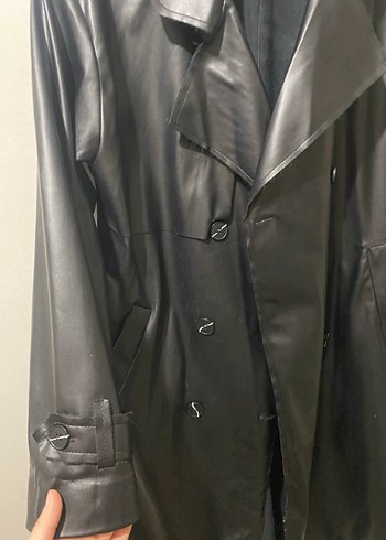 Kadın Siyah Deri Uzun Trençkot - Görsel 4