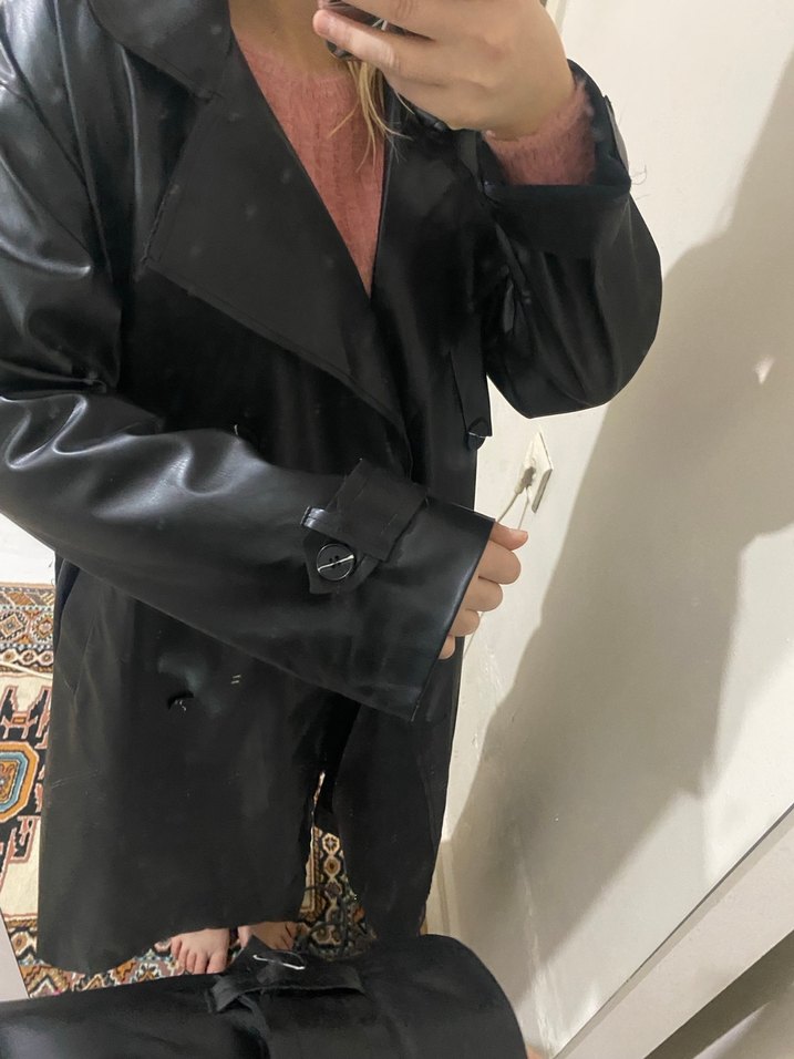 Kadın Siyah Deri Uzun Trençkot - Görsel 2