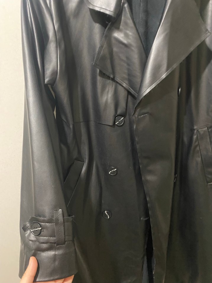 Kadın Siyah Deri Uzun Trençkot - Görsel 4