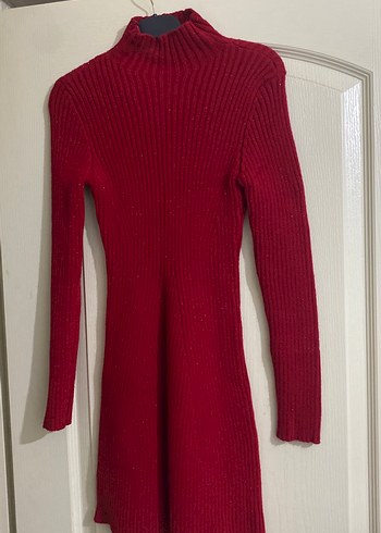 Bordo Yüksek Yakalı Triko Kadın Elbise - Görsel 3