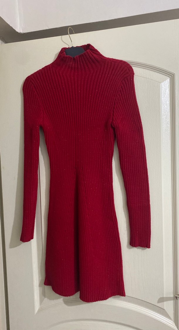 Bordo Yüksek Yakalı Triko Kadın Elbise - Görsel 3