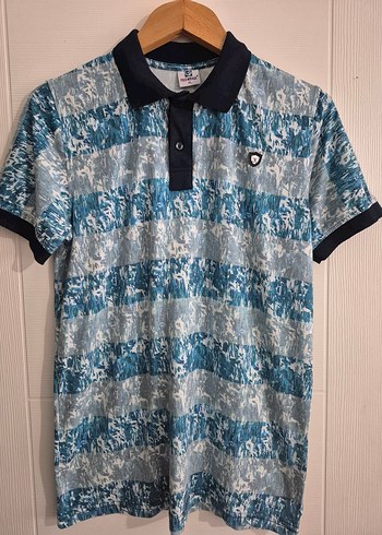 l Beden Mavi Gri Batik Desenli Erkek Polo Tişört