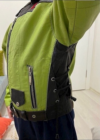 Erkek Çocuk Yeşil Deri Biker Ceket - Görsel 5