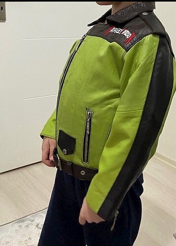 Erkek Çocuk Yeşil Deri Biker Ceket - Görsel 3