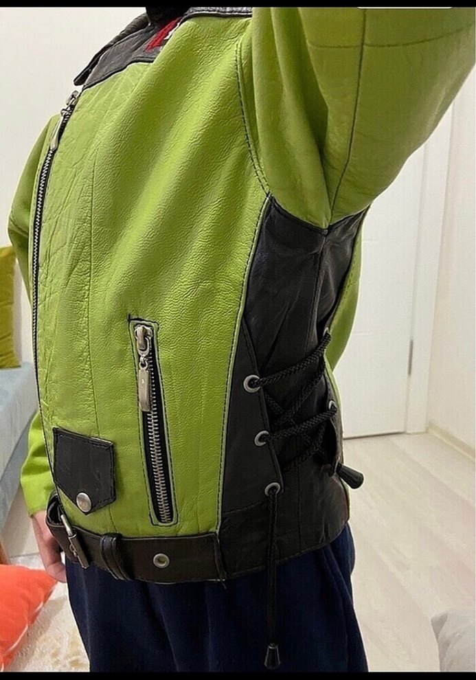 Erkek Çocuk Yeşil Deri Biker Ceket - Görsel 5