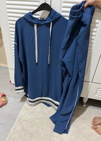 Kadın Mavi Kapüşonlu ikili takım Rahat Sweatshirt hiç kusuru yok - Görsel 3