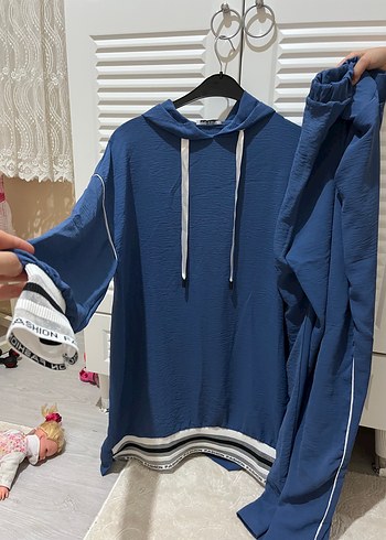 Kadın Mavi Kapüşonlu ikili takım Rahat Sweatshirt hiç kusuru yok - Görsel 2