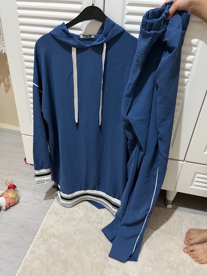 Kadın Mavi Kapüşonlu ikili takım Rahat Sweatshirt hiç kusuru yok - Görsel 3