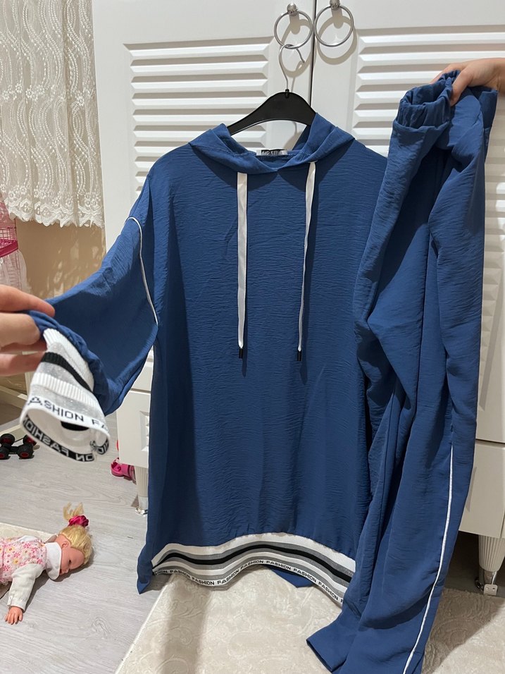 Kadın Mavi Kapüşonlu ikili takım Rahat Sweatshirt hiç kusuru yok - Görsel 2