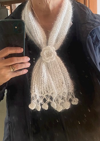 Beyaz Parlak Örgü Kadın fular - Görsel 2