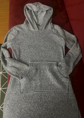 Gri Kapüşonlu Kadın Triko tunik Elbise - Görsel 2