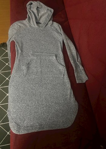 Gri Kapüşonlu Kadın Triko tunik Elbise - Görsel 4
