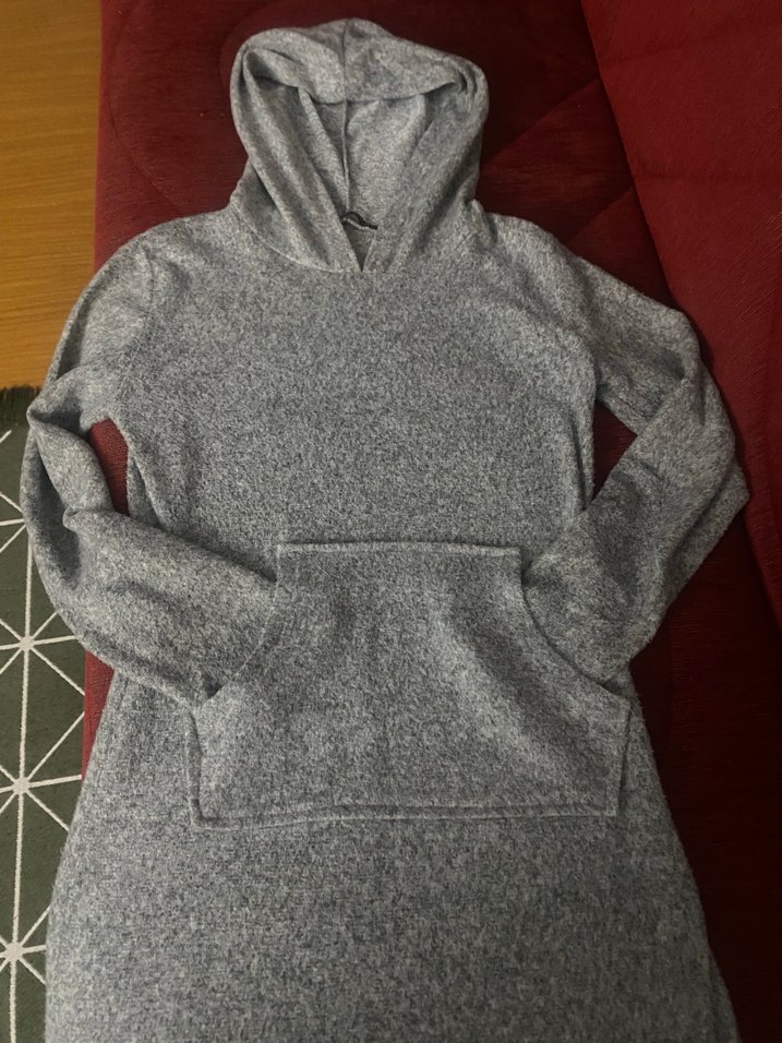 Gri Kapüşonlu Kadın Triko tunik Elbise - Görsel 2