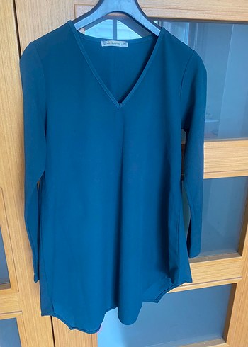 Kadın V Yaka Uzun Kollu koyu yeşil tunik - Görsel 4