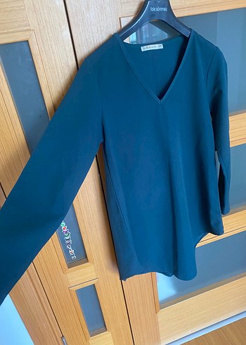 Kadın V Yaka Uzun Kollu koyu yeşil tunik - Görsel 5