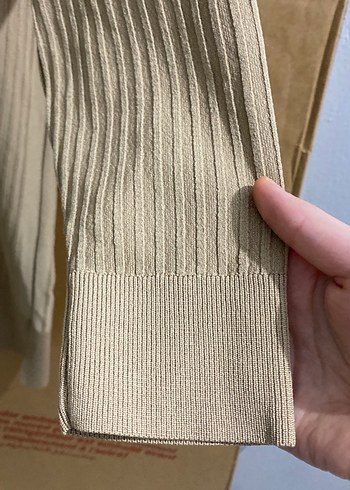 Bej, Pilili, Uzun Kollu, Yüksek Yakalı Kadın Kazak - Görsel 2