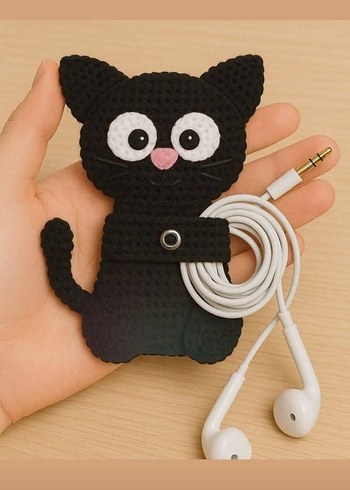 Pembe Örgü Kedi Kulaklık Tutucu - Görsel 2