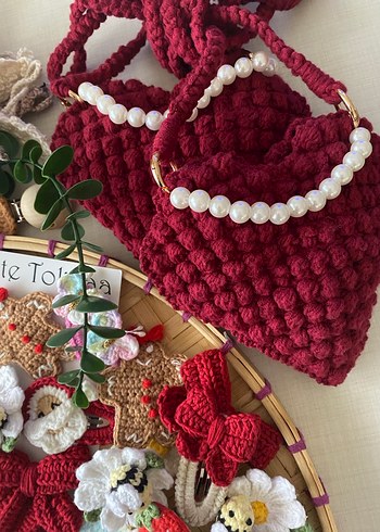 Bordo Boncuklu Örgü Bohem Kadın Çanta - Görsel 2