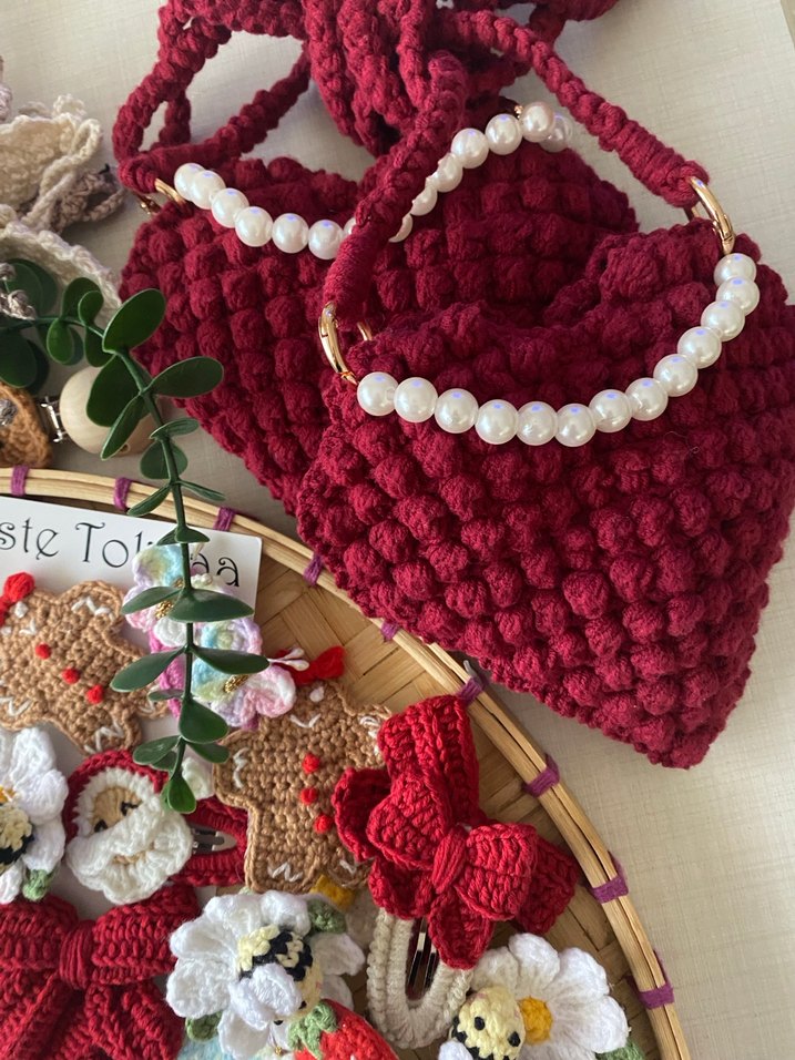 Bordo Boncuklu Örgü Bohem Kadın Çanta - Görsel 2