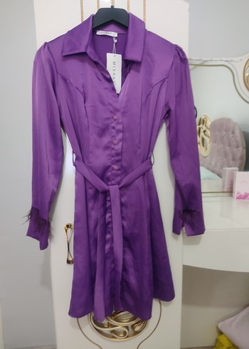 Parlak Mor Uzun Kollu Kadın Elbise - Görsel 2