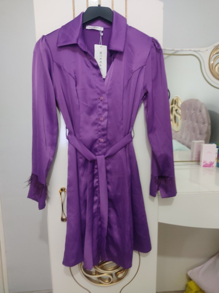 Parlak Mor Uzun Kollu Kadın Elbise - Görsel 2