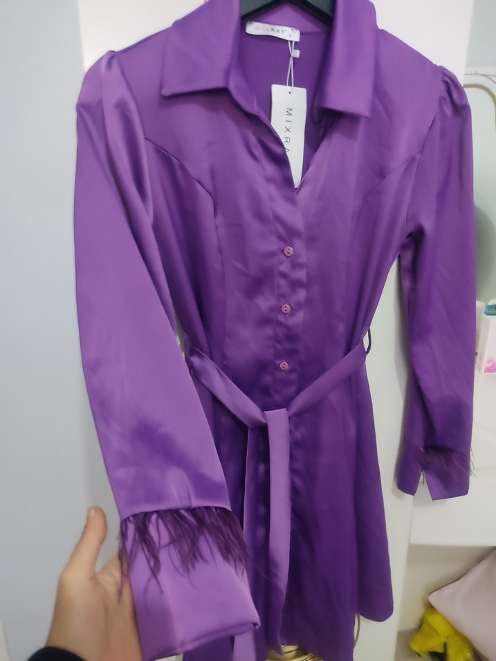 Parlak Mor Uzun Kollu Kadın Elbise - Görsel 3