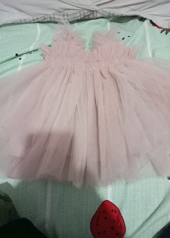 9-12 Ay Beden pembe Renk Kolsuz Pembe Fırfırlı Kız Çocuk Elbisesi