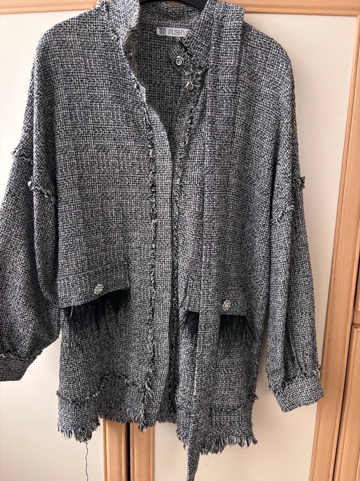 Gri Düğmeli Uzun Kollu Kadın Keten Ceket - Görsel 2