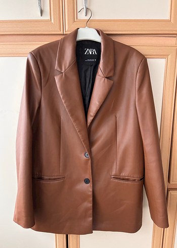 Düğmeli Kahverengi Deri Kadın Ceket - Görsel 2