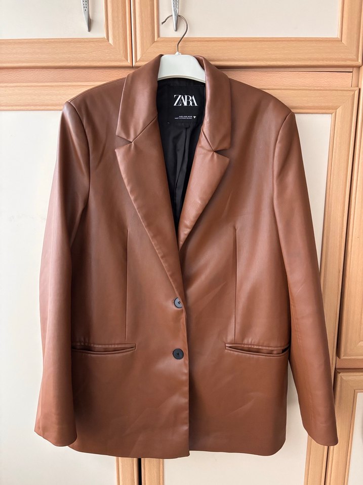 Düğmeli Kahverengi Deri Kadın Ceket - Görsel 2