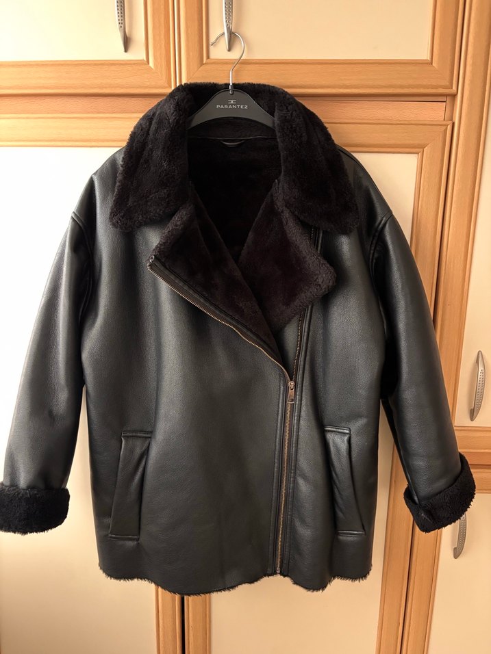 Siyah Deri Kürklü Biker Ceket - Görsel 2