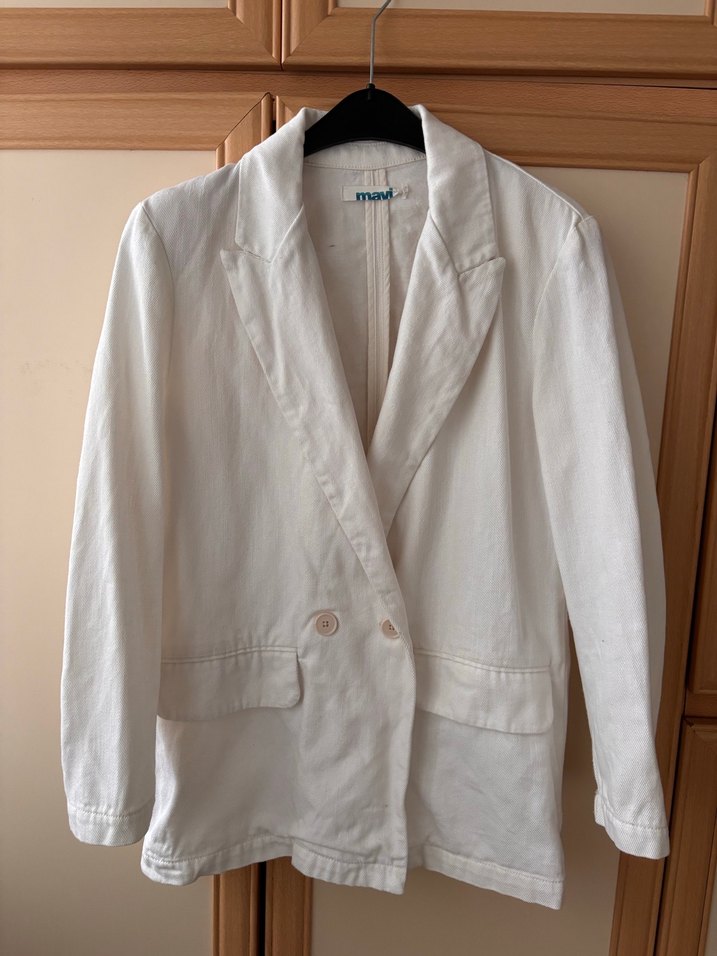 Beyaz Keten Kadın Blazer Ceket - Görsel 2