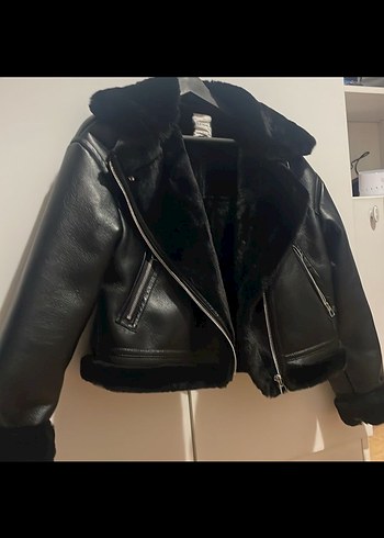 Siyah Kürklü Biker Deri Ceket - Görsel 2