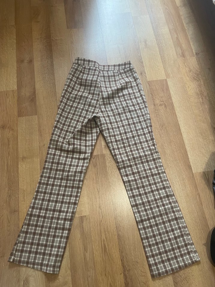 Kahverengi Ekose Kadın Kumaş Pantolon - Görsel 4