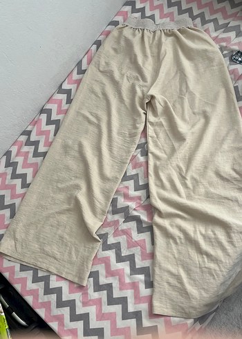 Diğer Bej Bol Kesim Keten Pantolon Pilili