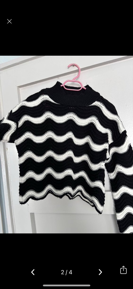 Kadın Siyah Beyaz Dalga Desenli Örgü Az Crop Kazak - Görsel 2