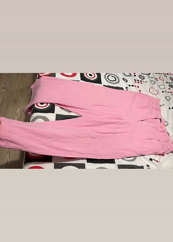 Pembe Keten Palazzo Model Kadın Pantolon - Görsel 4
