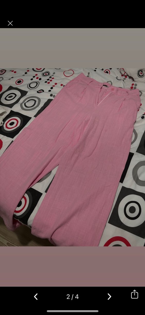 Pembe Keten Palazzo Model Kadın Pantolon - Görsel 2