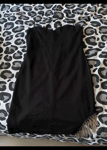 Siyah Straplez İp Askı Bacak Detay Kısa Elbise - Görsel 2