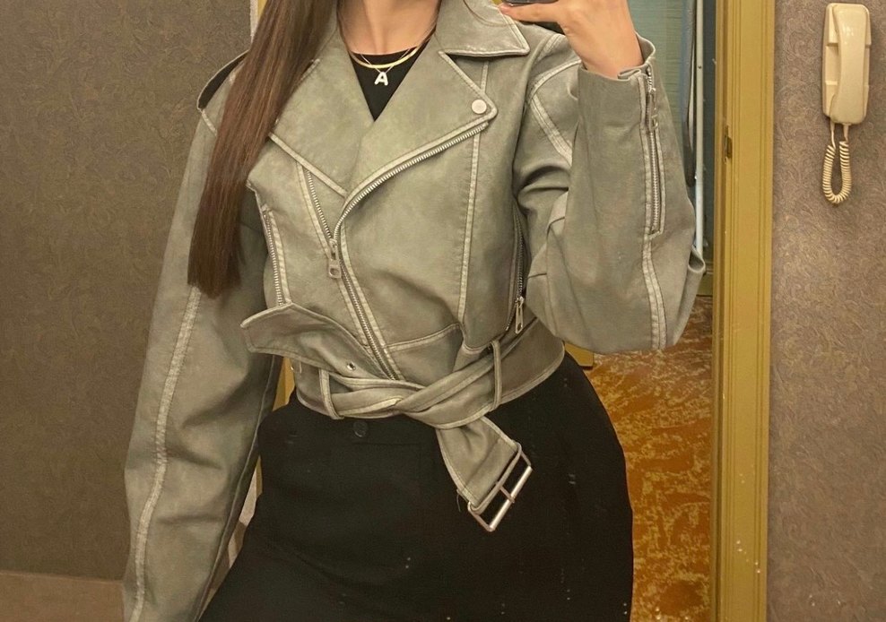 Açık yeşil mini deri  Kemerli Kadın Deri Ceket - Görsel 2