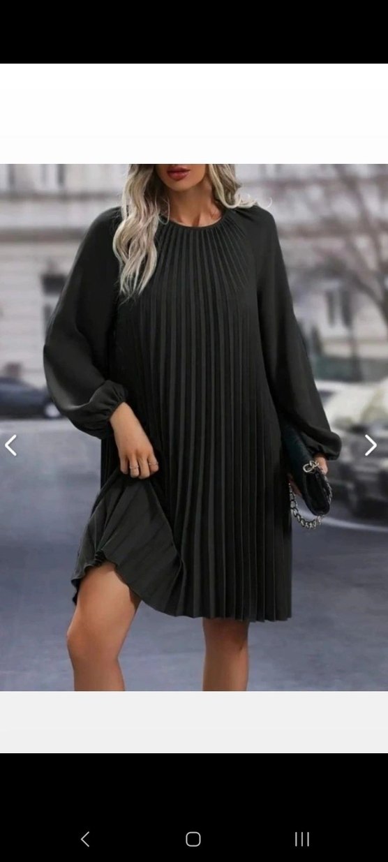 YUVARLAK YAKA PİLELİ SALAŞ İTHAL KREP ELBİSE - Görsel 2