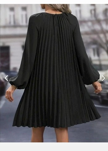 YUVARLAK YAKA PİLELİ SALAŞ İTHAL KREP ELBİSE - Görsel 3