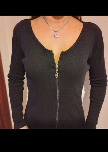 V YAKA FERMUARLI YIRTMAÇLI MİDİ ELBISE - Görsel 2