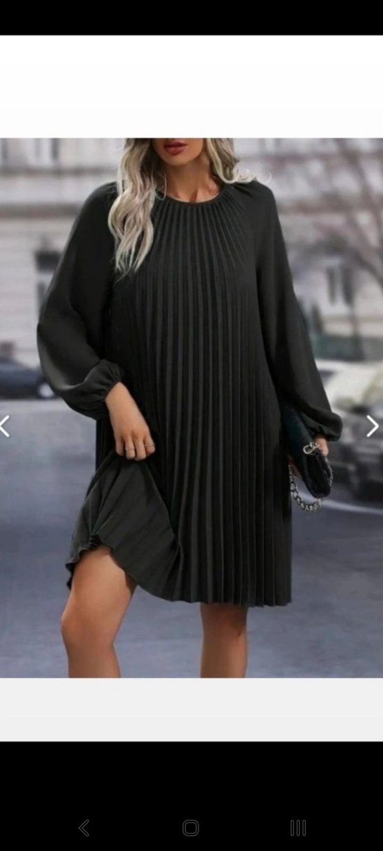 YUVARLAK YAKA PİLELİ SALAŞ İTHAL KREP ELBİSE - Görsel 3