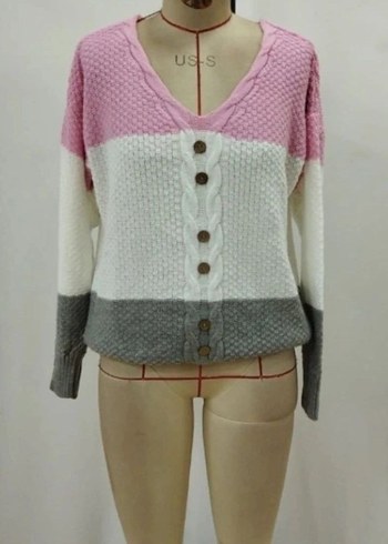 V YAKALI ÖNDEN DÜĞMELİ RENK BLOKLU TRİKO BLUZ - Görsel 7