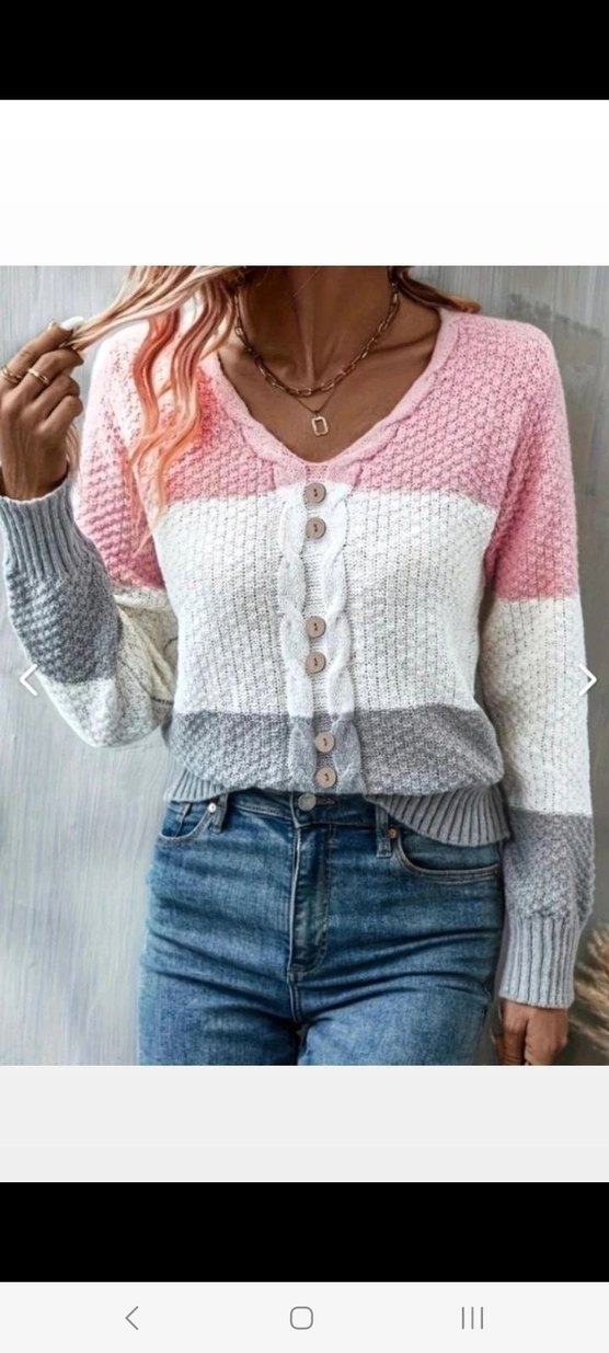 V YAKALI ÖNDEN DÜĞMELİ RENK BLOKLU TRİKO BLUZ - Görsel 5