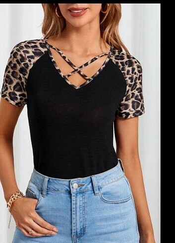 Zara LEOPAR GARNİLİ REGLAN KOL SANDY BLUZ TSHIRT