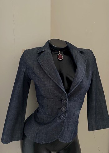s Beden lacivert Renk Lacivert Denim Düğmeli Kadın Blazer Ceket