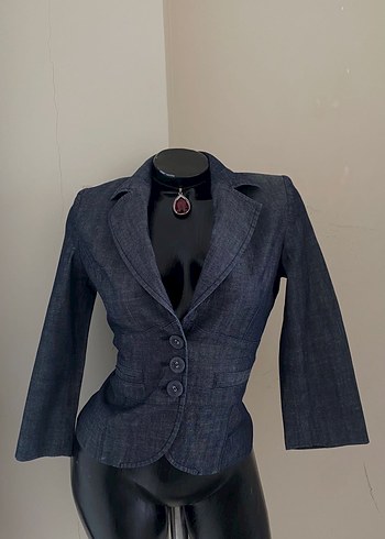 s Beden Lacivert Denim Düğmeli Kadın Blazer Ceket